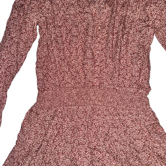 Faherty Montara Dress Women's Size L Mauve Leaf Batik Mini V Neck L/S Smocked - Picture 4 of 8